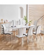 MOZART White Marble-Effect Glass Extending 6 Seater Dining Table and 6 VIENNA White Chairs Set