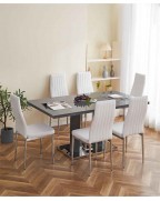 MERIDIAN Grey Glass Grey High Gloss 6-Seater Dining Table and 6 Monza White Faux Leather Chairs Set