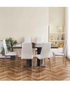 MERIDIAN Grey Glass Grey High Gloss 6-Seater Dining Table and 6 Monza White Faux Leather Chairs Set