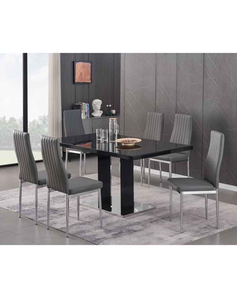 MERIDIAN Black Glass Black High Gloss 6-Seater Dining Table and 6 Monza Grey Faux Leather Chairs Set