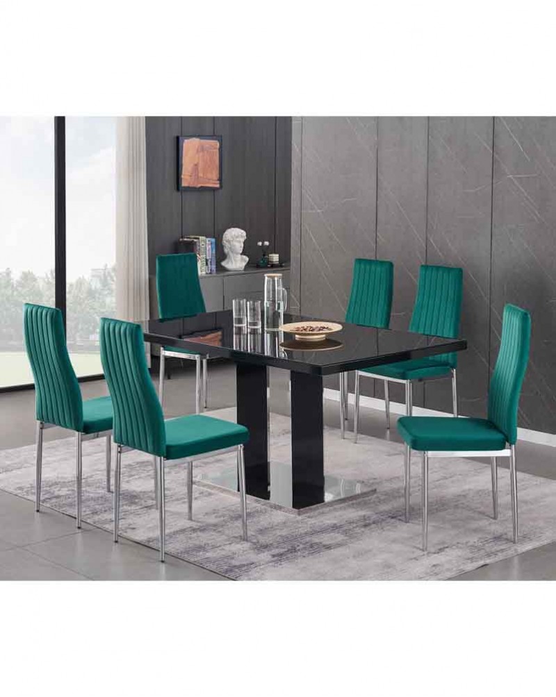 MERIDIAN Black Glass Black High Gloss 6-Seater Dining Table and 6 Monza Green Velvet Chairs Set