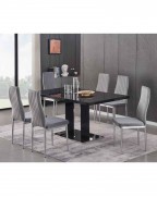 MERIDIAN Black Glass Black High Gloss 6-Seater Dining Table and 6 Monza Grey Velvet Chairs Set