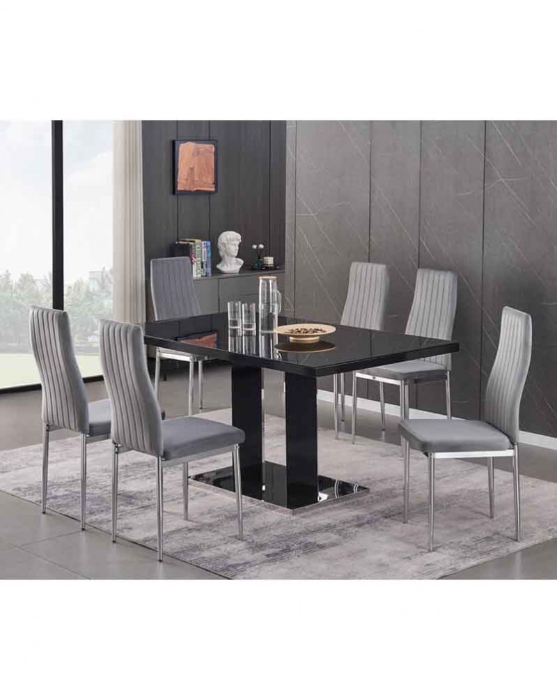 MERIDIAN Black Glass Black High Gloss 6-Seater Dining Table and 6 Monza Grey Velvet Chairs Set