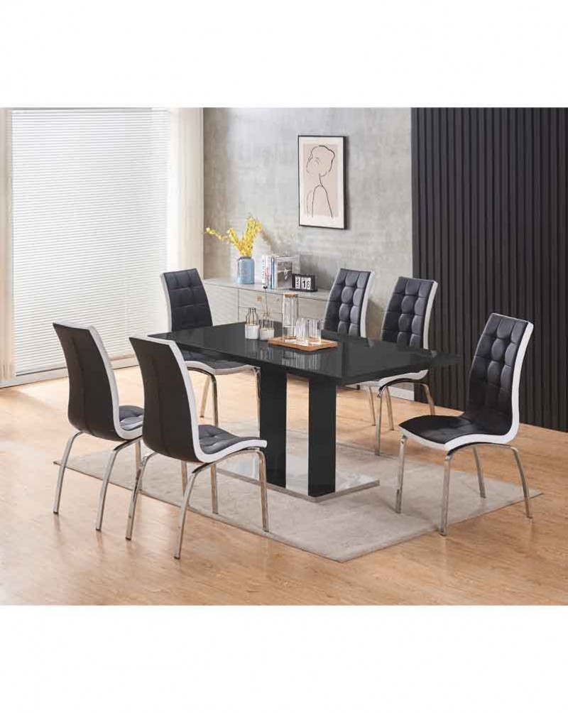 MERIDIAN Black Glass Black High Gloss 6-Seater Dining Table and 6 Vienna Black Chairs Set