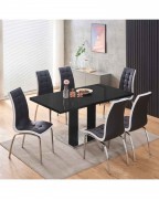 MERIDIAN Black Glass Black High Gloss 6-Seater Dining Table and 6 Vienna Black Chairs Set