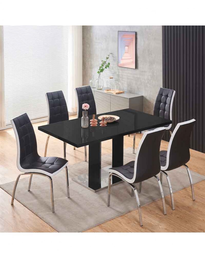 MERIDIAN Black Glass Black High Gloss 6-Seater Dining Table and 6 Vienna Black Chairs Set