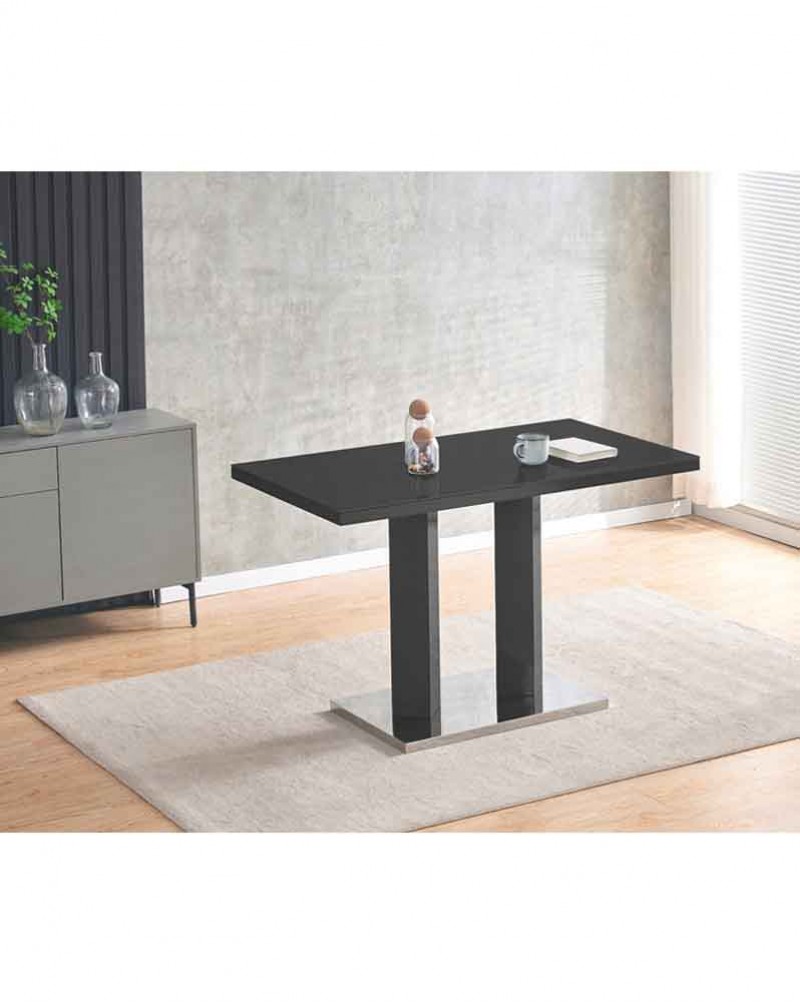 MERIDIAN Black Glass Black High Gloss 4-Seater Dining Table and 4 Monza Grey Faux Leather Chairs Set