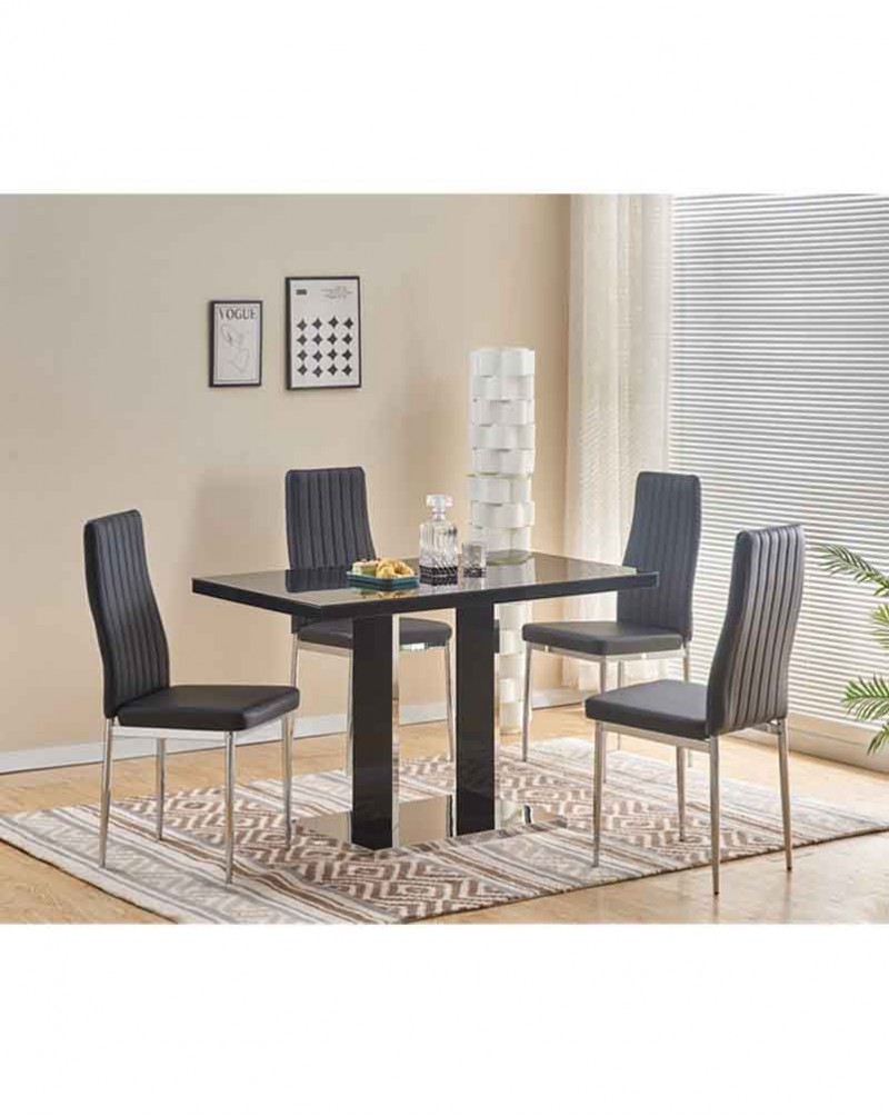 MERIDIAN Black Glass Black High Gloss 4-Seater Dining Table and 4 Monza Black Faux Leather Chairs Set