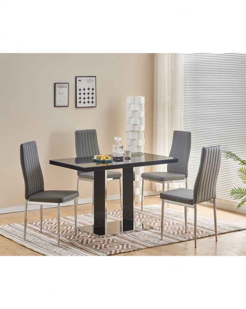 MERIDIAN Black Glass Black High Gloss 4-Seater Dining Table and 4 Monza Grey Faux Leather Chairs Set