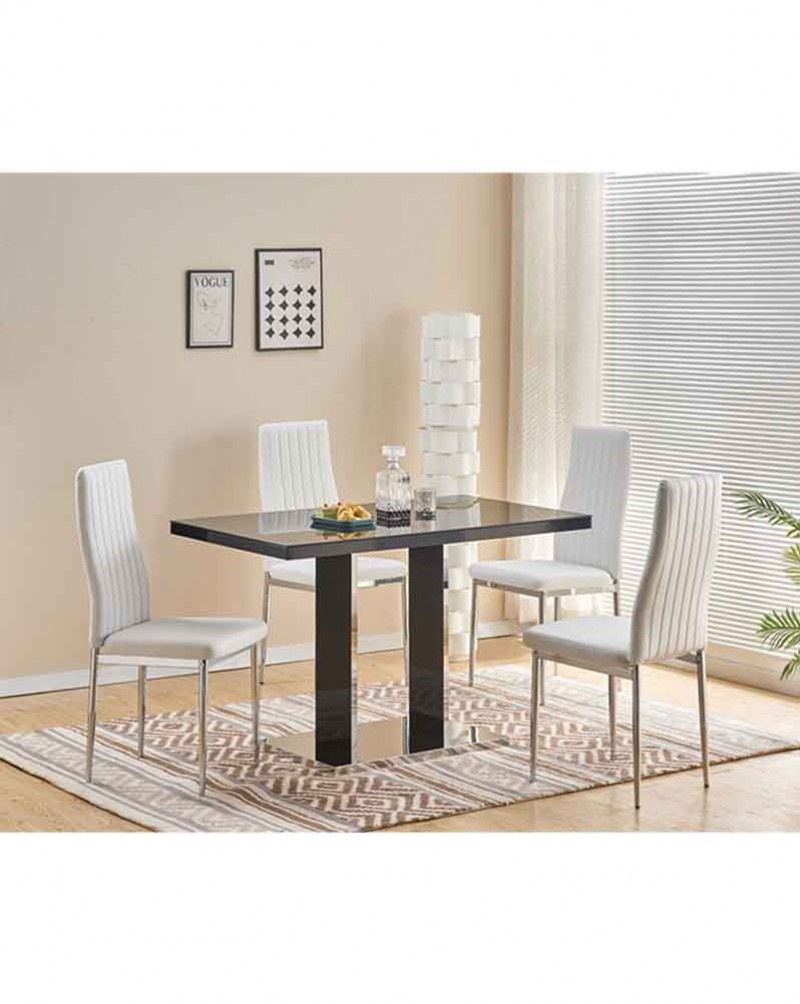 MERIDIAN Black Glass Black High Gloss 4-Seater Dining Table and 4 Monza White Faux Leather Chairs Set