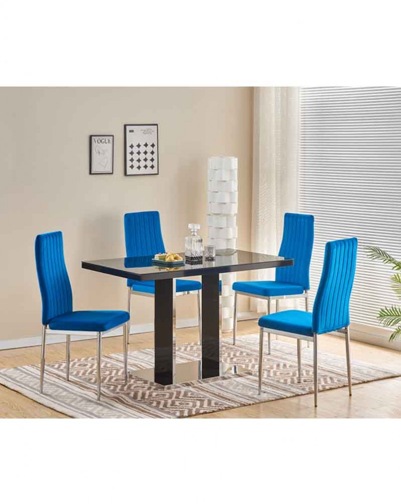 MERIDIAN Black Glass Black High Gloss 4-Seater Dining Table and 4 Monza Blue Velvet Chairs Set