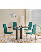 MERIDIAN Black Glass Black High Gloss 4-Seater Dining Table and 4 Monza Green Velvet Chairs Set