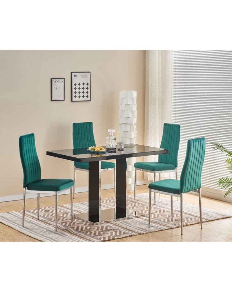 MERIDIAN Black Glass Black High Gloss 4-Seater Dining Table and 4 Monza Green Velvet Chairs Set