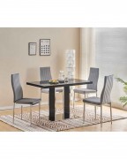 MERIDIAN Black Glass Black High Gloss 4-Seater Dining Table and 4 Monza Grey Velvet Chairs Set