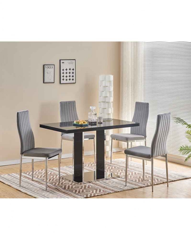MERIDIAN Black Glass Black High Gloss 4-Seater Dining Table and 4 Monza Grey Velvet Chairs Set
