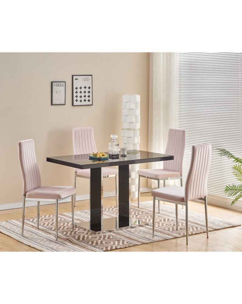 MERIDIAN Black Glass Black High Gloss 4-Seater Dining Table and 4 Monza Pink Velvet Chairs Set
