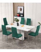 MERIDIAN White High Gloss Dining Table and 6 Monza Green Velvet Chairs Set