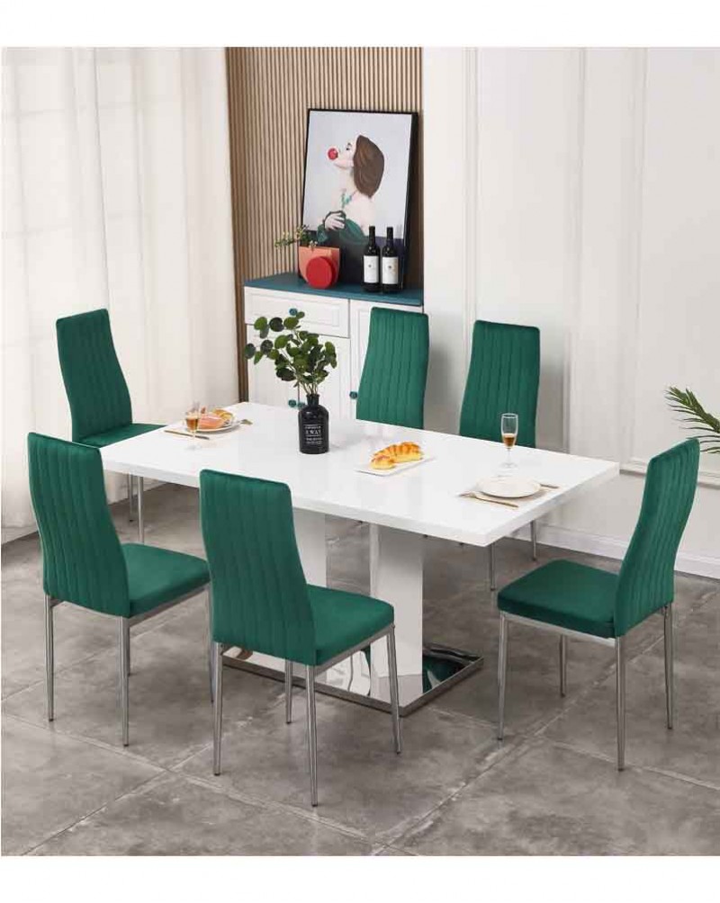 MERIDIAN White High Gloss Dining Table and 6 Monza Green Velvet Chairs Set