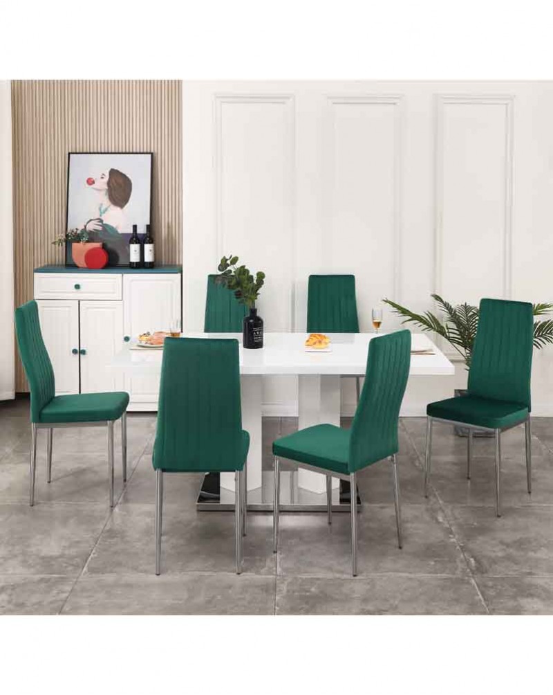 MERIDIAN White High Gloss Dining Table and 6 Monza Green Velvet Chairs Set